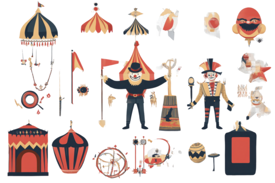 Vintage circus design elements featuring retro colors and whimsical characters in a playful carnival atmosphere showcasing nostalgic entertainment
