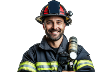 Smiling firefighter in uniform poses confidently with firefighting gear at a training facility during daytime outside city limits