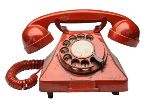 Vintage red telephone receiver with classic rotary dial isolated on a clean white background highlighting retro communication technology