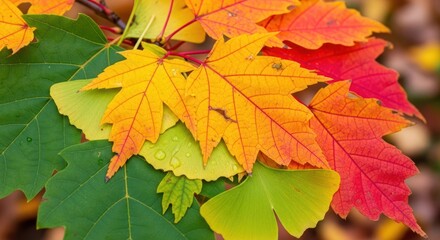 Fototapeta premium Vibrant Autumn Leaf Tapestry: Maple, Ginkgo, and Green Foliage with Water Droplets