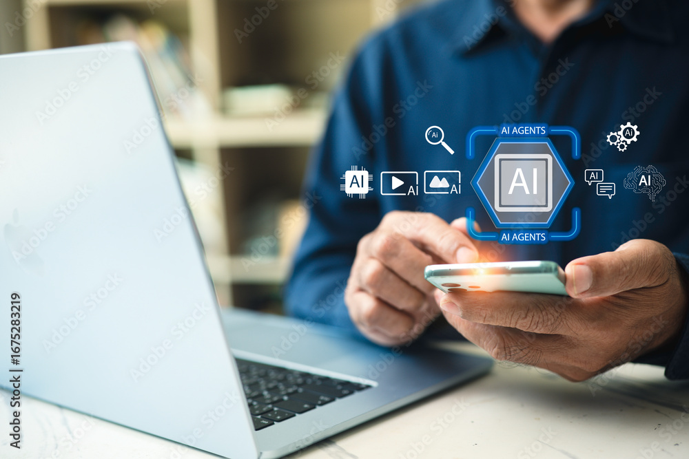 Poster businessman using smartphone with ai agents interface, artificial intelligence technology for mobile