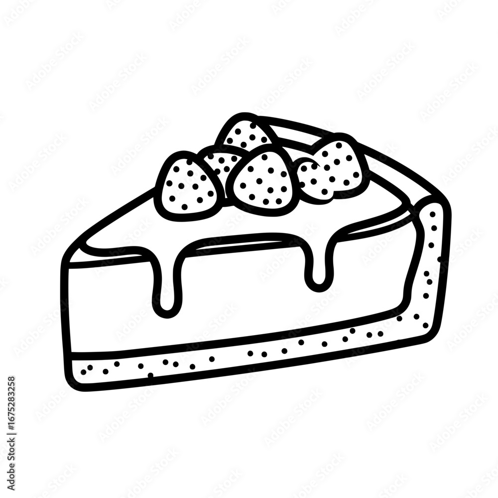 Poster slice of cake with strawberries and chocolate syrup with transparent background