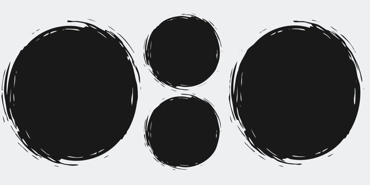 Four black abstract circles with brush stroke edges on a light gray background