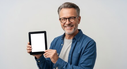 Happy Mature Man Showing Blank Digital Tablet Screen