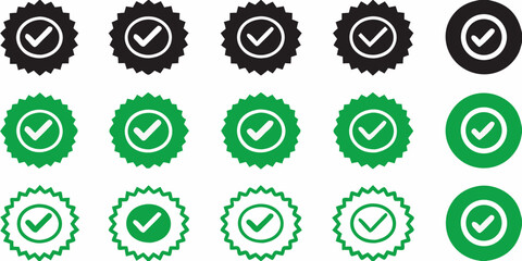 Collection of approved check mark icons in black and green colors