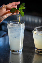 Placing mint Sprig in Cocktail
