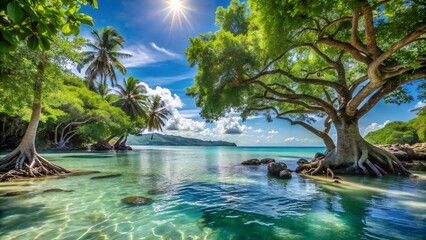 Obraz premium Idyllic Tropical Beach Scene with Turquoise Water and Lush Green Trees