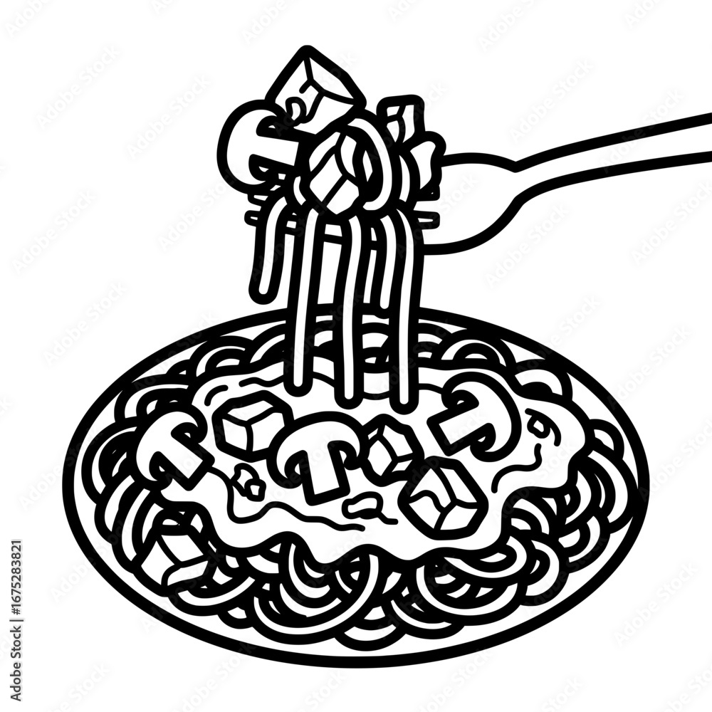 Poster spaghetti with meatballs on fork with transparent background