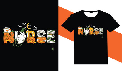 Spooky halloween themed nurse text design on black background and t shirt