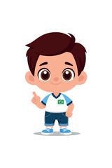 Little cute brazilian boy, light blue shirt and navy pantolon, gesture with finger, cartoon character flat illustration