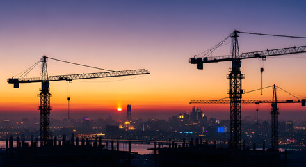 Urban construction symphony silhouette of towering cranes against a vibrant sunset cityscape, heralding progress in the twilight horizon