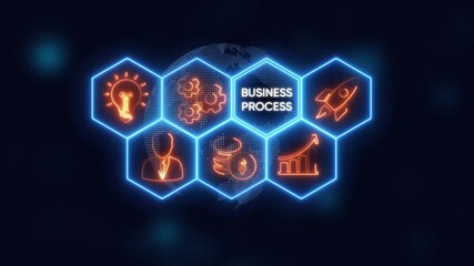 Business process concept with neon icons and a digital globe on a dark background workflow efficiency - Powered by Adobe