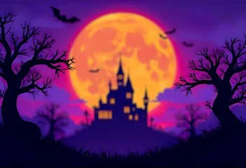 Full Moon Castle Gothic Halloween – Dark Fantasy Haunted Castle with Blood sky background 