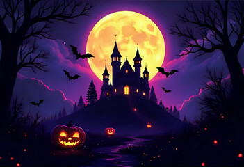 Dark Fantasy Haunted Castle Halloween Night with Pumpkins and Bats on Darkness Background 
