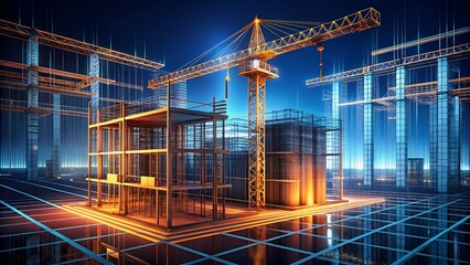 Futuristic Construction Site with Crane and Steel Framework Against a Dark Sky