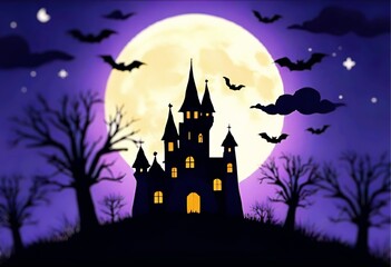 Spooky Haunted Castle and House Illustration with Purple Moonlit Sky