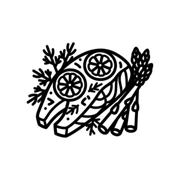 black and white salmon with lemon and asparagus clip art preview