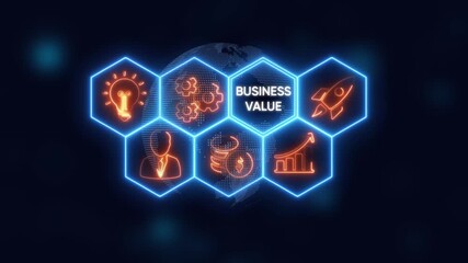 Business value concept with neon icons and a digital globe on a dark background worth finance - Powered by Adobe
