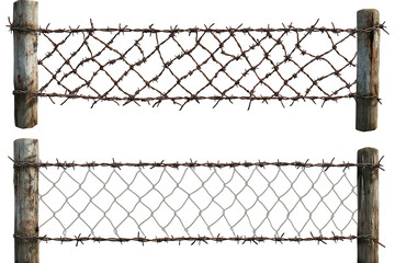 Unraveled metal chain link fences with barbed wire highlighting their industrial design and practical use in security settings at various locations