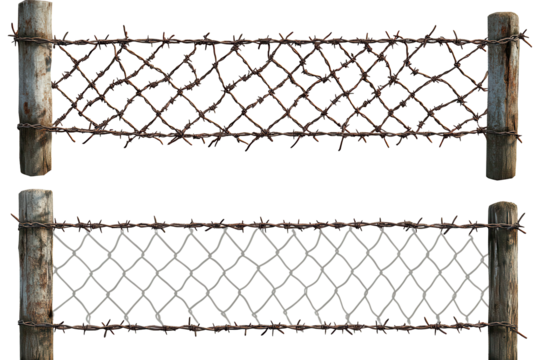 Unraveled metal chain link fences with barbed wire highlighting their industrial design and practical use in security settings at various locations