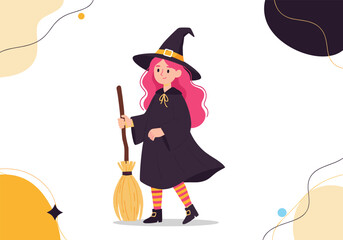 Magical witch with broomstick on halloween night gathering spells and enchantments under the moonlight
