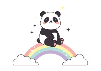 Obraz premium Adorable panda sitting on a whimsical pastel rainbow with sparkling stars and fluffy clouds