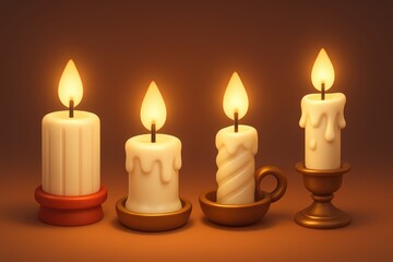 Four Lit Candles in Warm Holders on Dark Background Creating Cozy Atmosphere