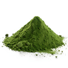 Deep green chlorella powder isolated on a white background, showcasing its fine texture, vibrant color