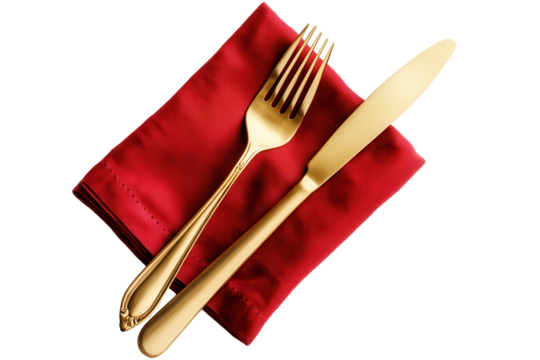 Christmas dinner table setting featuring elegant gold cutlery on a festive red napkin for a warm holiday celebration with family and friends