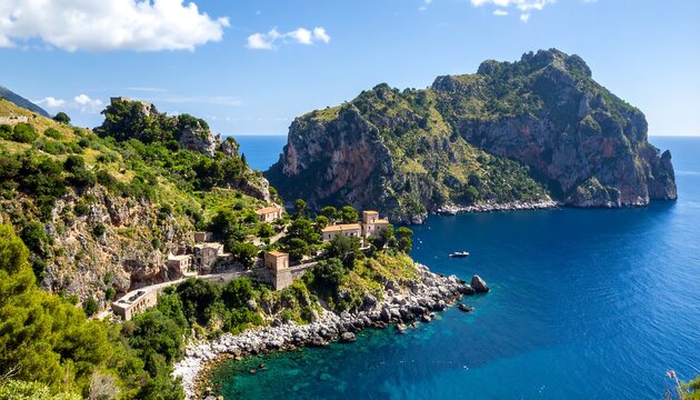 Coastal landscape with rugged mountains and turquoise water - Powered by Adobe