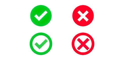 Green Check Mark and Red Cross Icons Isolated on Transparent Background, Correct and Wrong Symbols, Yes and No Signs, Tick and Error Buttons, Approval and Cancel PNG Design Elements