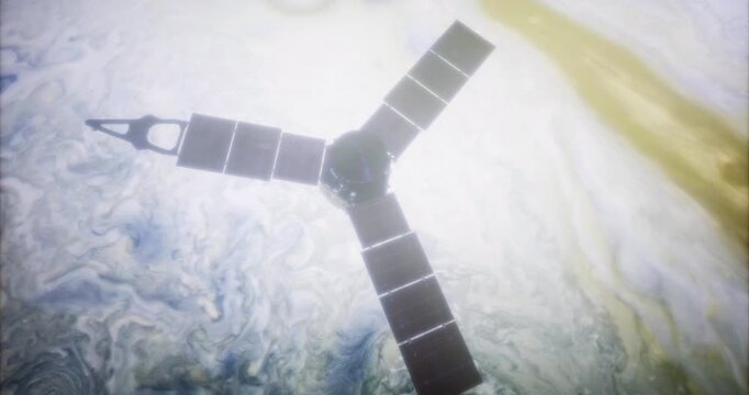 The Juno spacecraft orbits Jupiter, showcasing its solar panels against the swirling clouds of the planet. The mission studies Jupiters composition and atmosphere.