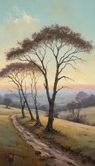 Fototapeta premium Winding dirt path through rolling hills with trees