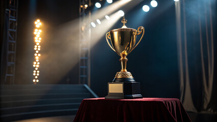 Illuminated trophy on dark stage with lighting and shadows representing victory and achievement