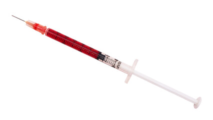 Fototapeta premium 1 ml syringe filled with fake blood on white background