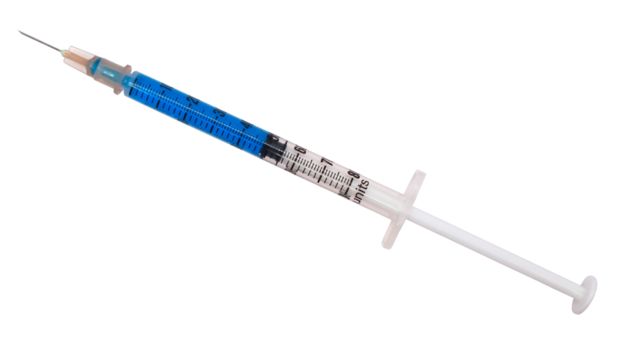 1 ml syringe filled with blue solution isolated on white background
