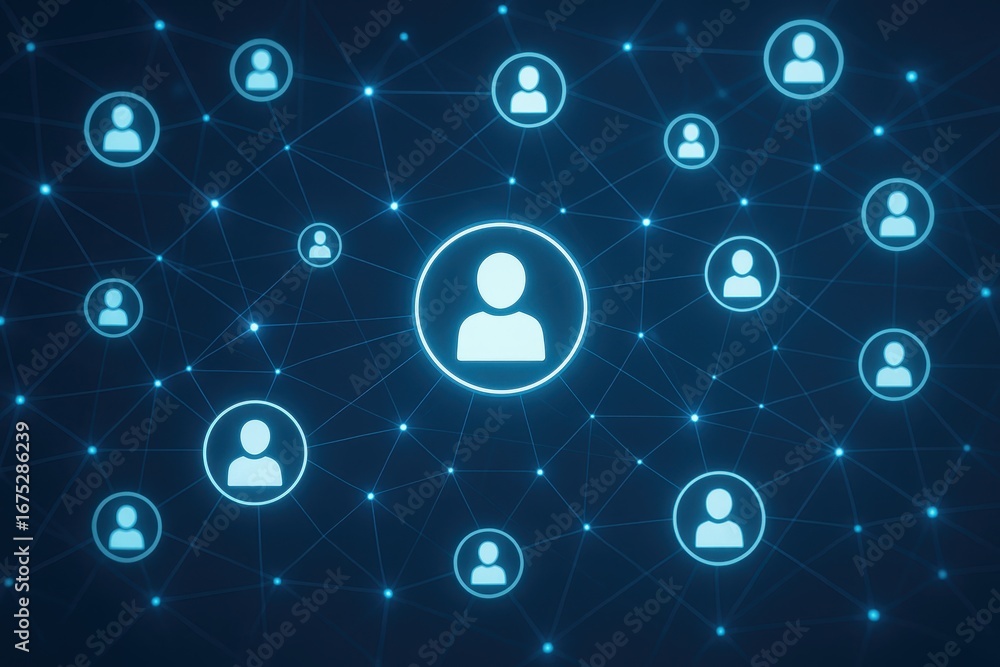 Poster digital network of connections: interconnected profile icons illuminate against a dark background, f