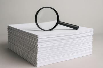 Focused Examination: A magnifying glass rests atop a crisp stack of blank paper, emphasizing the concept of analysis, investigation, and close scrutiny. 