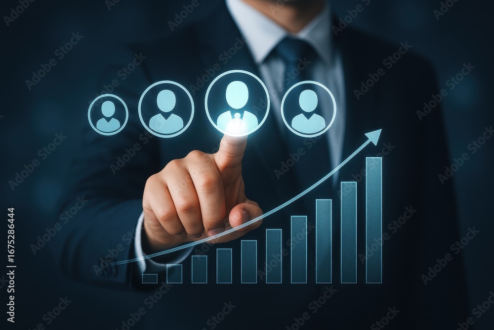 Poster growth and networking in business: a sharp-dressed professional, finger touching a digital represent