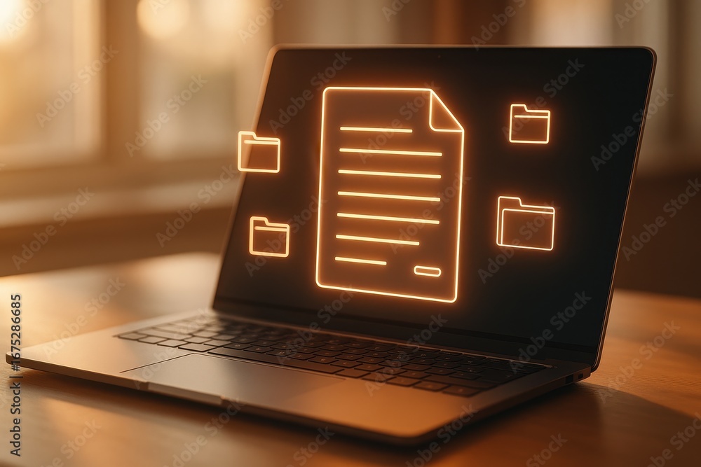 Poster digital documentation: a modern laptop, displaying a vibrant digital document, showcasing the interc