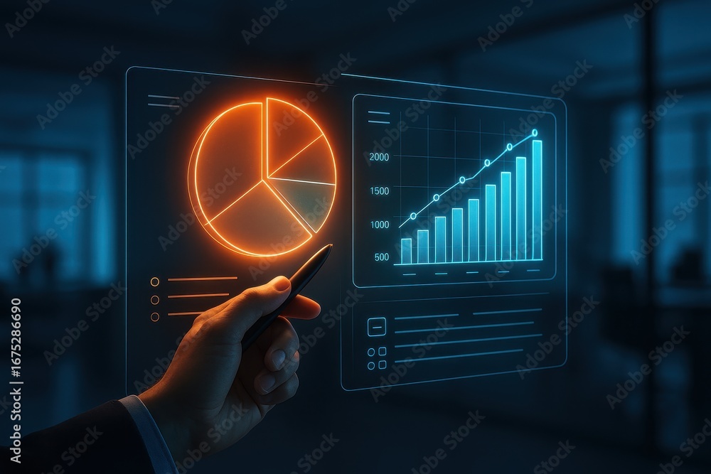 Poster analyzing the market with data: a hand interacts with a holographic display of charts and graphs, sh