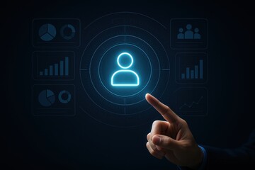 Digital Interface of User Profile: A person's fingertip interacts with a futuristic interface, highlighting a user icon amidst statistical representations of data.