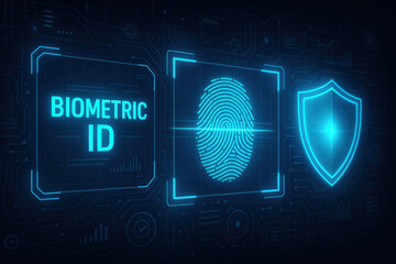 Obraz premium Biometric ID for Cyber Security: A futuristic depiction of biometric identification, featuring a glowing fingerprint scan, a digital shield, and Biometric ID text.
