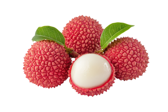 Fresh lychees with one cut open revealing white flesh on white background for culinary and health uses