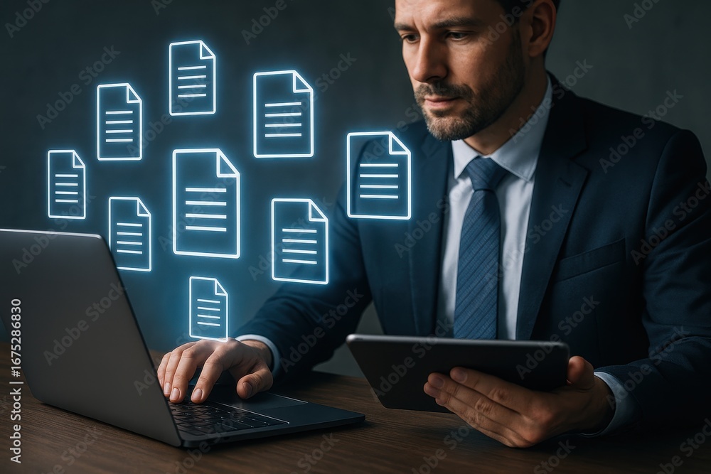 Poster data processing expert: a focused, modern professional in a sharp suit diligently navigates complex 