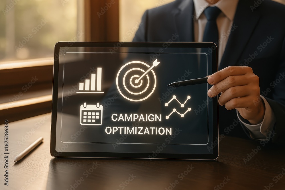 Poster campaign optimization: a person in a suit showcases a tablet displaying a 'campaign optimization' in