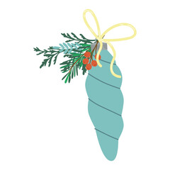 Christmas ornament vector illustration featuring a turquoise spiral decoration adorned with evergreen branches, bright red berries, and a decorative yellow ribbon bow.