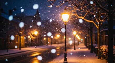 Glowing streetlights punctuate a serene winter evening blizzard scene