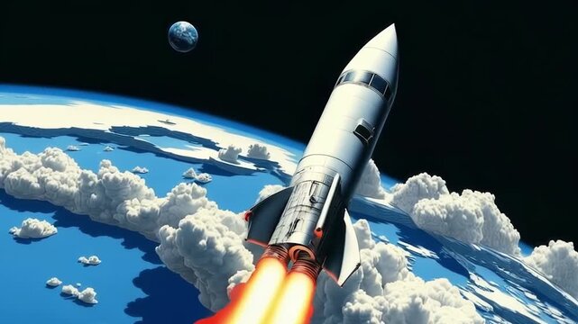 A missile with a nuclear warhead flies above the Earth, invincible force and danger