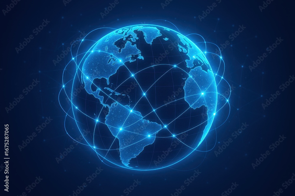 Poster global network connection: a digital representation of the earth is overlaid with interconnected lin